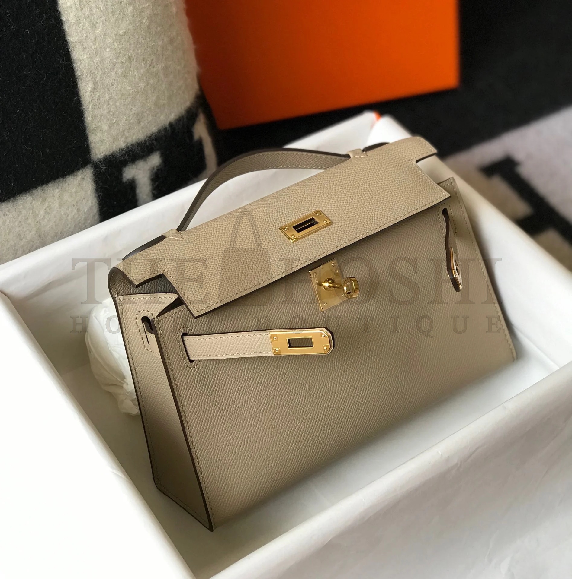 H**me5 Kelly Pochette Clutch Bag In Gris Tourterelle Epsom Leather Master Quality