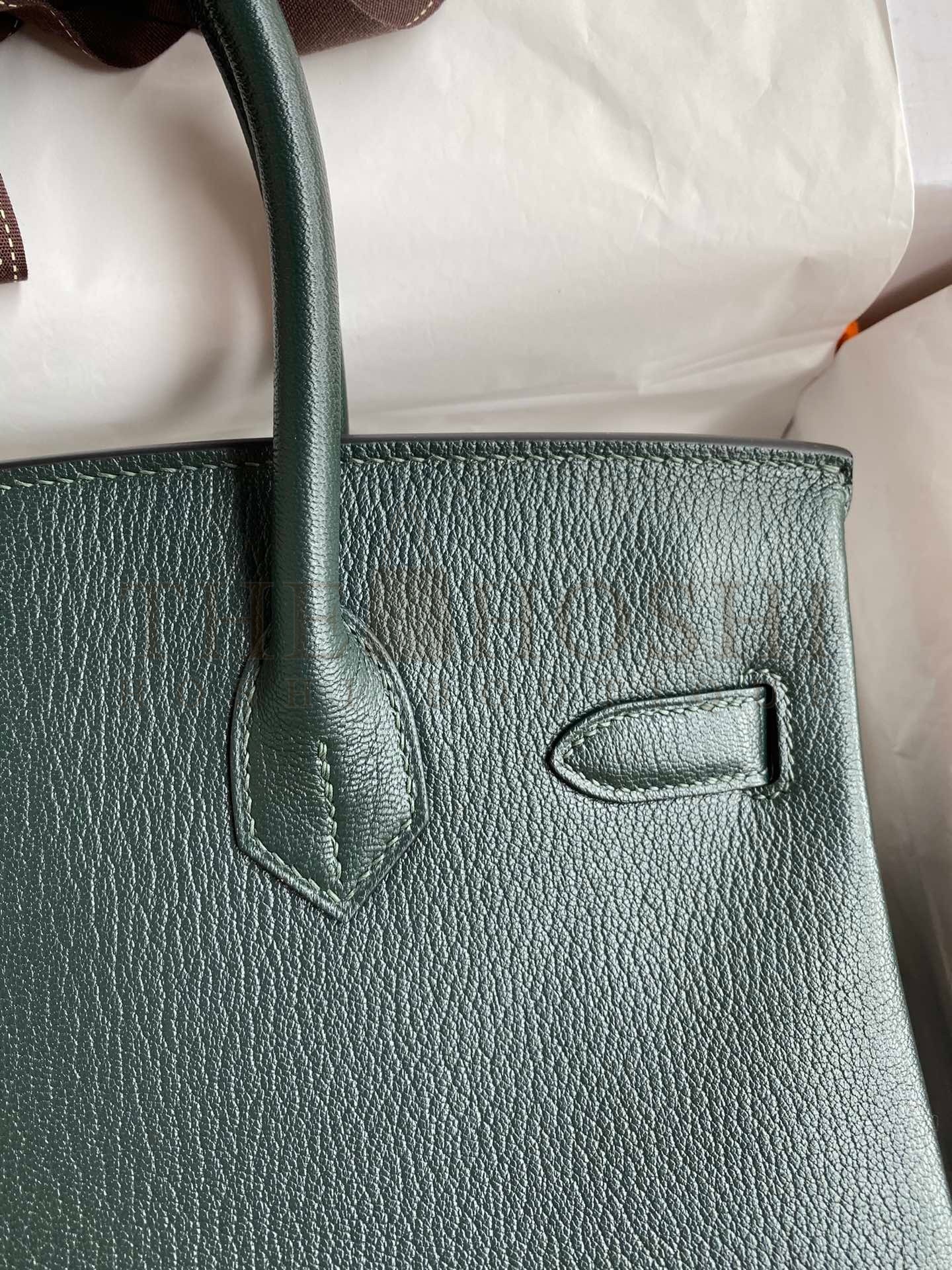H**me5 Birkin 30 Retourne Handmade Bag In Vert Cypres Chevre Mysore Leather Master Quality