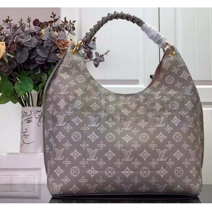 L0vis Vvtt0n LV Women Carmel Hobo Bag Gray Mahina Perforated Calfskin Leather Master Quality