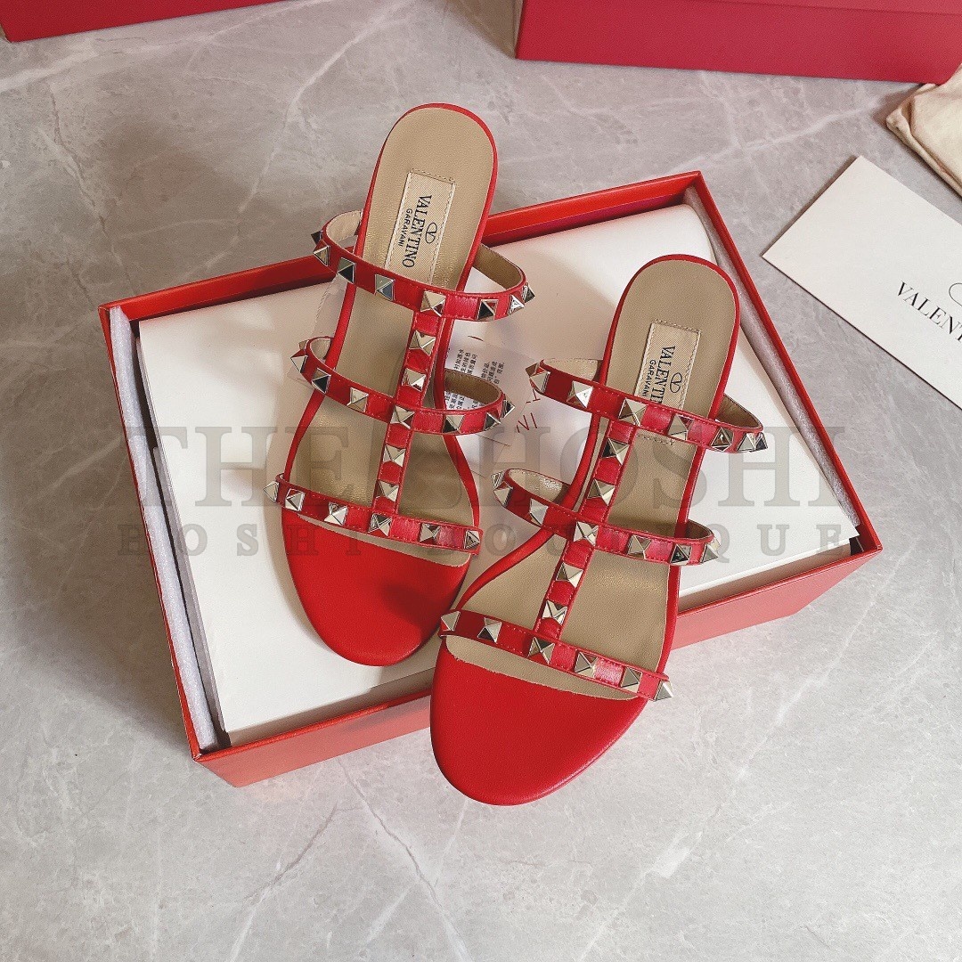 Va1e*ntin0 Rockstud Slide Sandals 60mm In Red Calfskin Master Quality