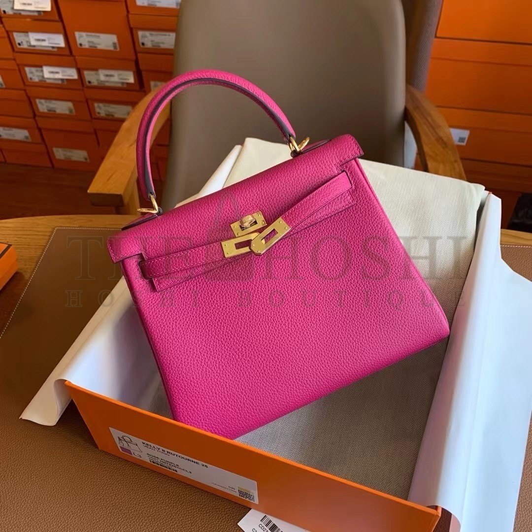 H**me5 Kelly Retourne 25 Handmade Bag In Rose Purple Clemence Leather Master Quality