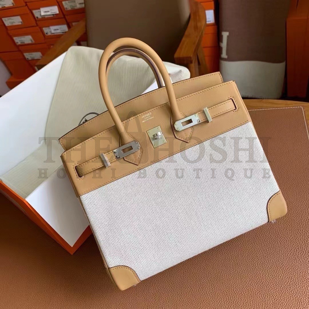 H**me5 Birkin 25 Handmade Bag In Toile &amp; Biscuit Swift Leather Master Quality
