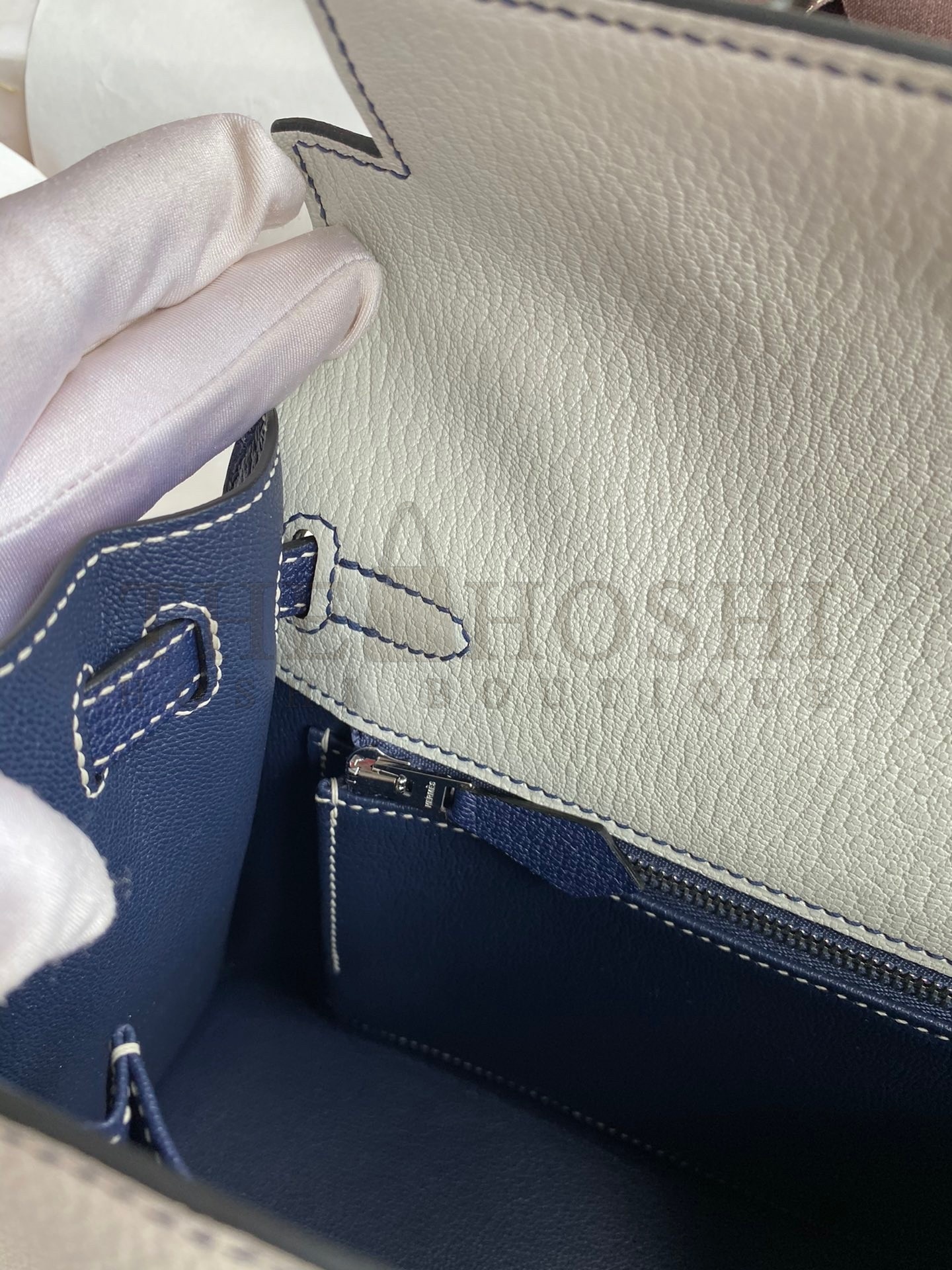 H**me5 Kelly Sellier 25 Bicolor Bag in Pearl Grey and Blue Mysore Goatskin Master Quality
