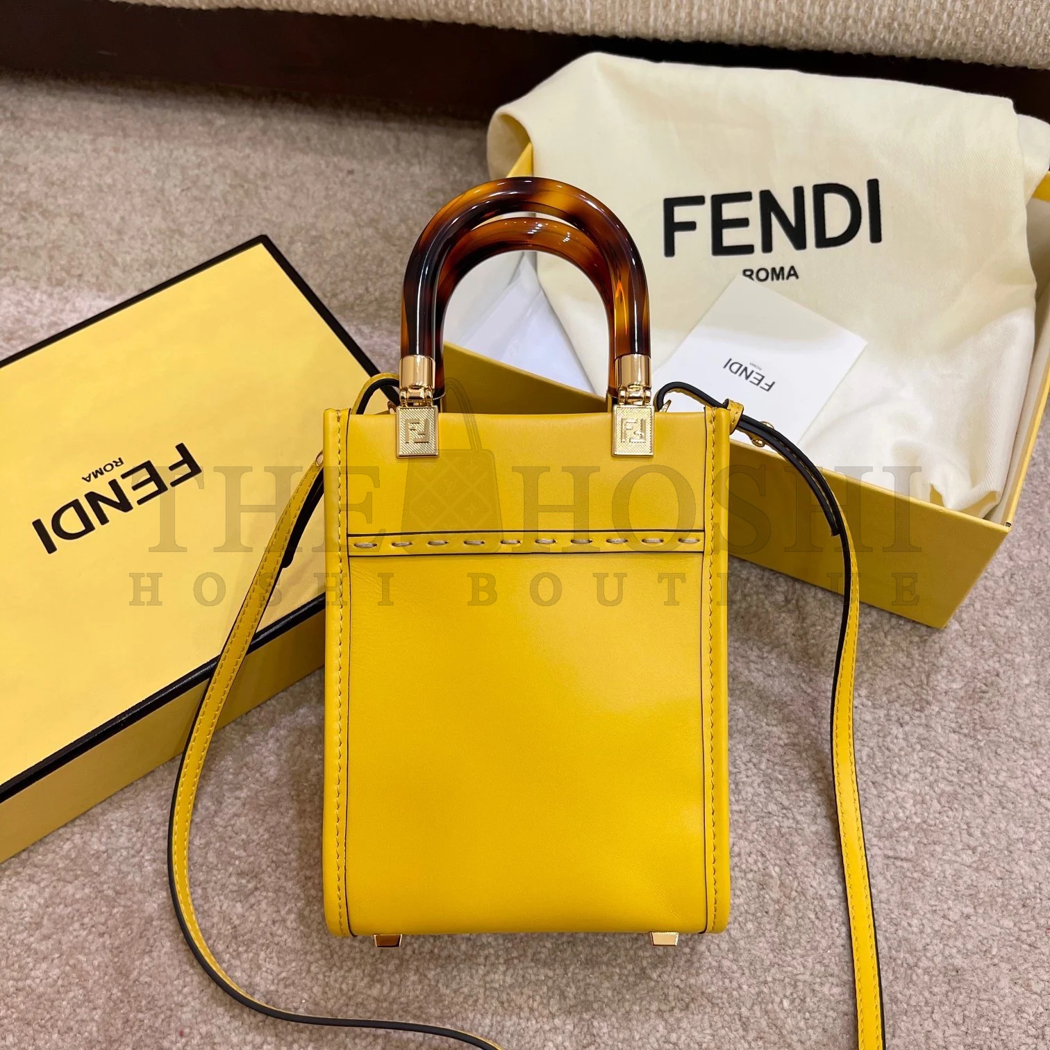 F**di Mini Sunshine Shopper Bag In Yellow Leather Master Quality