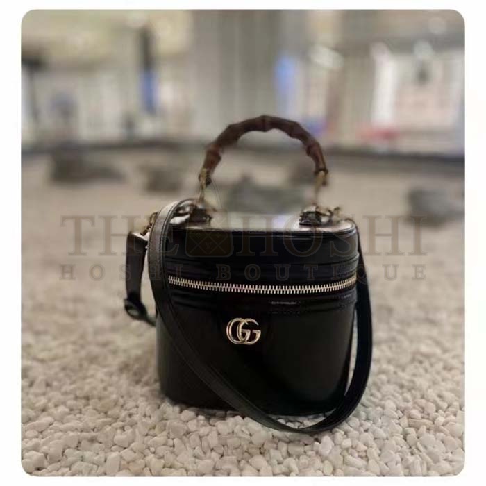 Gvc*1 Women GG Mini Bamboo Shoulder Bag Black Leather Bamboo Handle Double G Master Quality