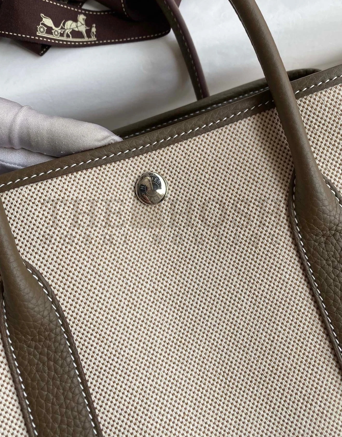 H**me5 Garden Party 30 Handmade Bag in Toile and Taupe Leather Master Quality