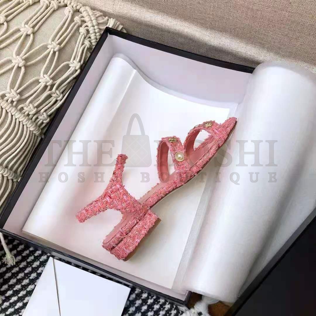 Ch**el Women Sandals Cotton Tweed &amp; Jewelry Coral &amp; Pink 2.5 cm Heel Master Quality