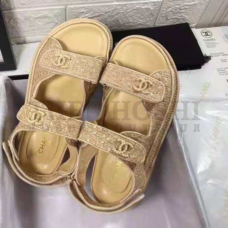 Ch**el Women Sandals Braided Fabric Beige 1 cm Heel Master Quality