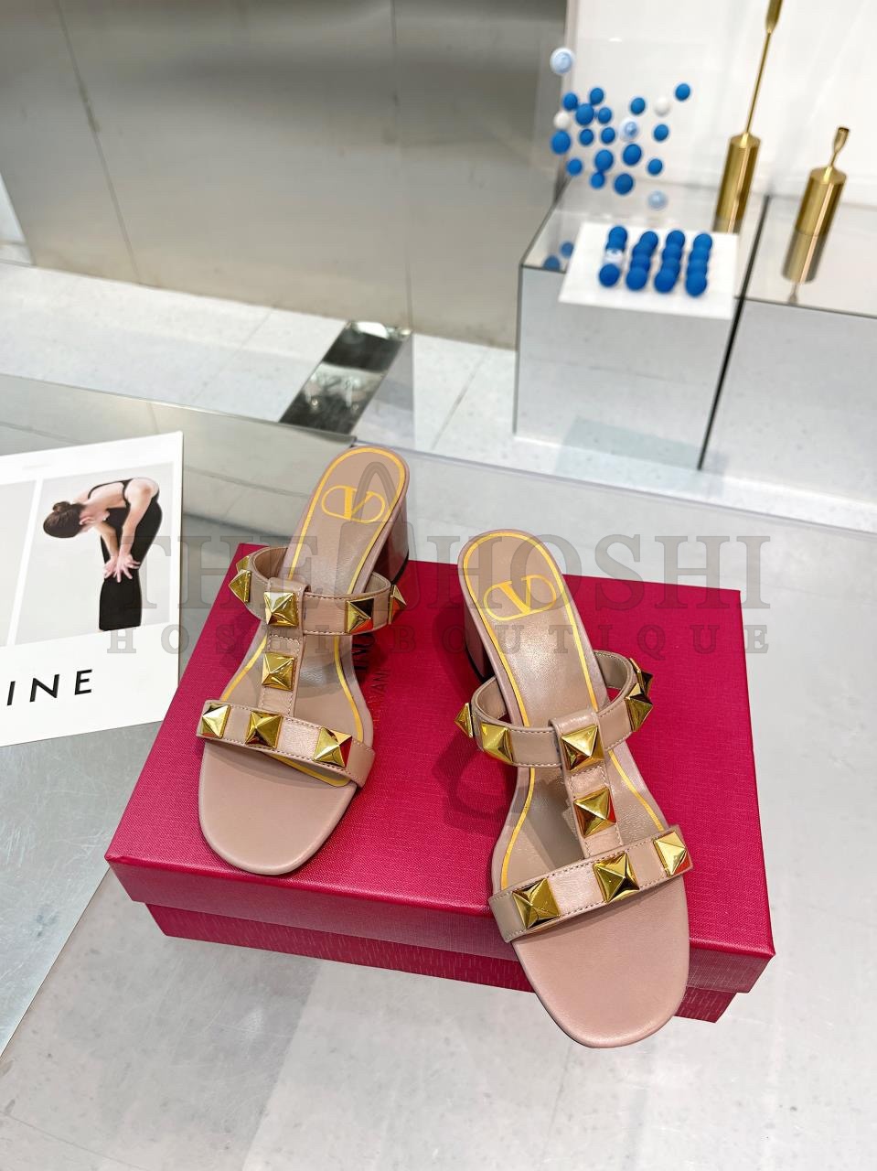 Va1e*ntin0 Roman Stud Slide Sandals 60mm In Rose Cannelle Calfskin Master Quality