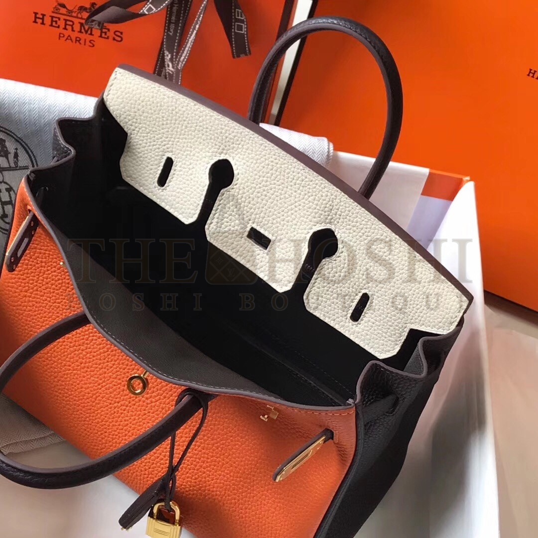 H**me5 Tri-Color Birkin 25cm Bag In Orange/White/Black Clemence Leather Master Quality