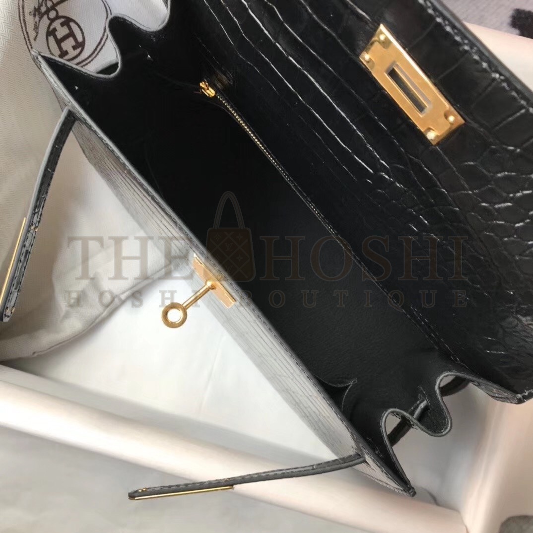 H**me5 Kelly 25cm Bag In Black Embossed Crocodile Master Quality