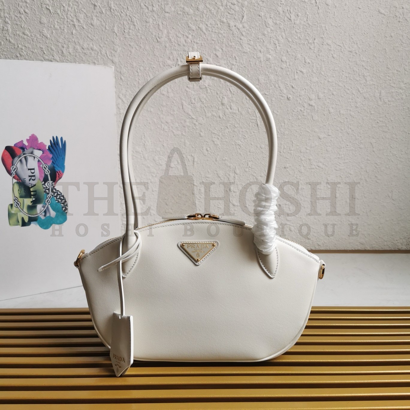 Pra*a Shoulder Bag with Double Zipper in White Calfskin Master Quality