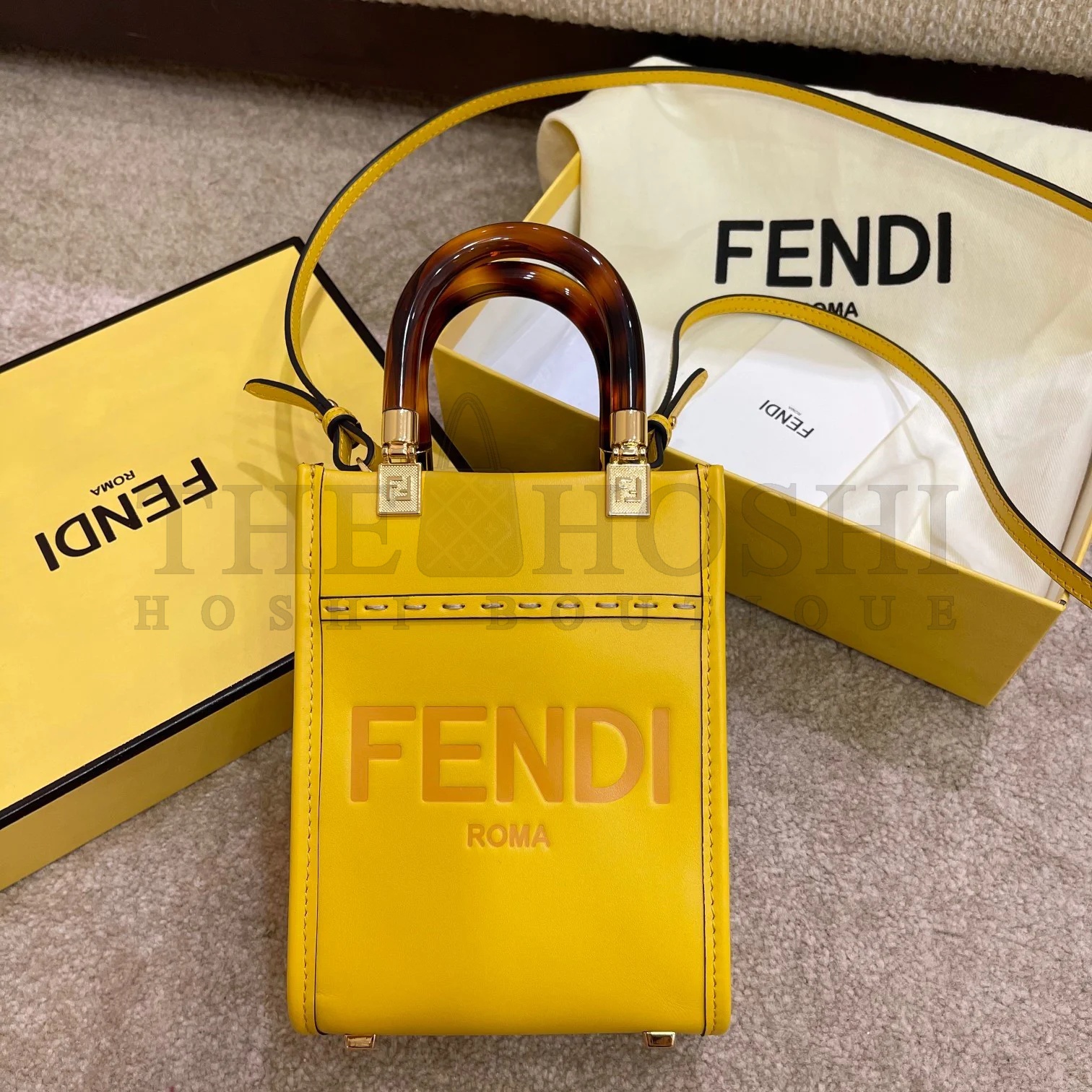 F**di Mini Sunshine Shopper Bag In Yellow Leather Master Quality