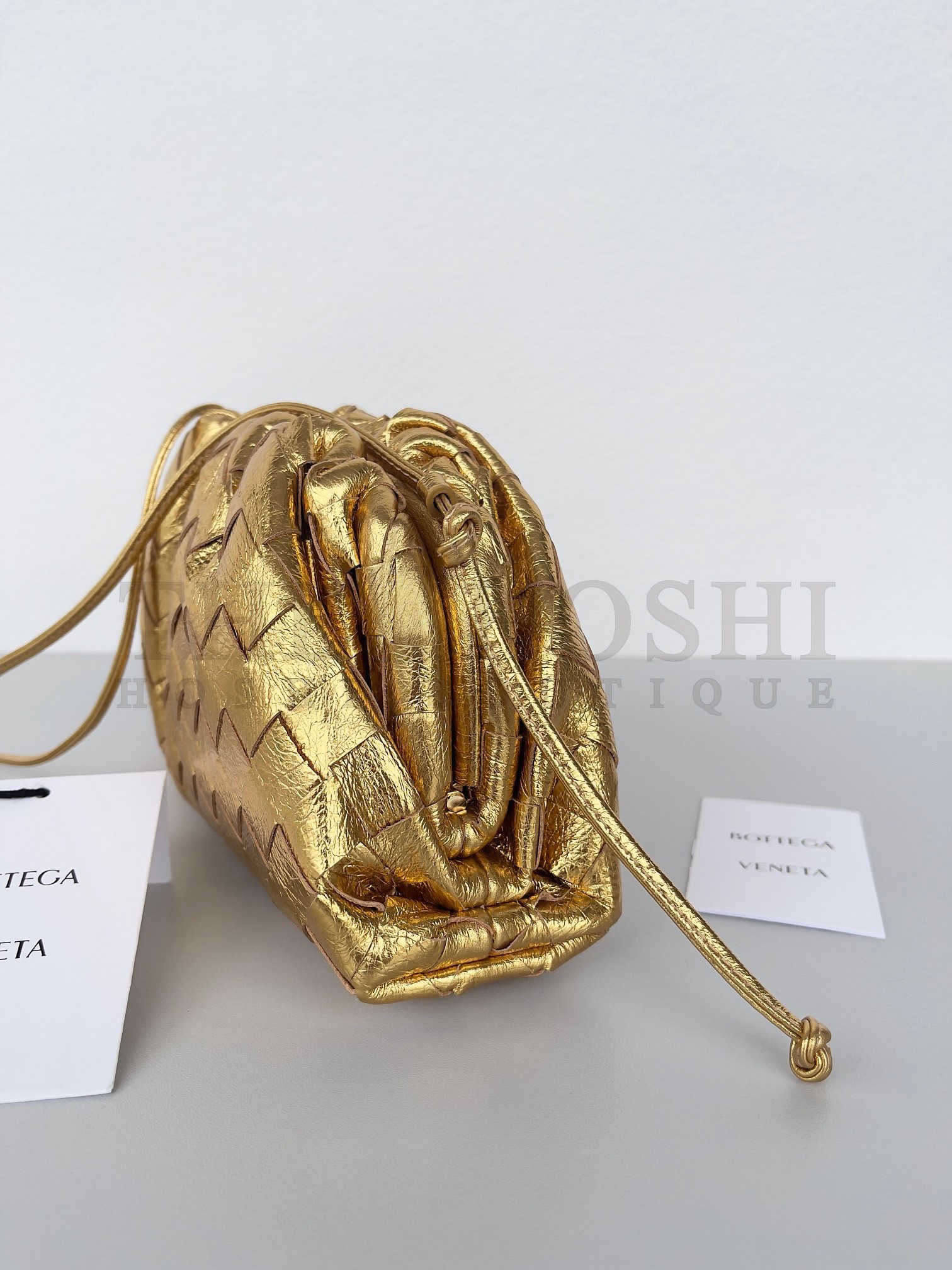 B0tt*ga Ven*ta Mini Pouch with Strap in Gold Metallic Lambskin Master Quality