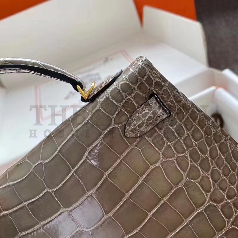 H**me5 Taupe Grey Alligator Crocodile Kelly Mini II Handmade Bag Master Quality
