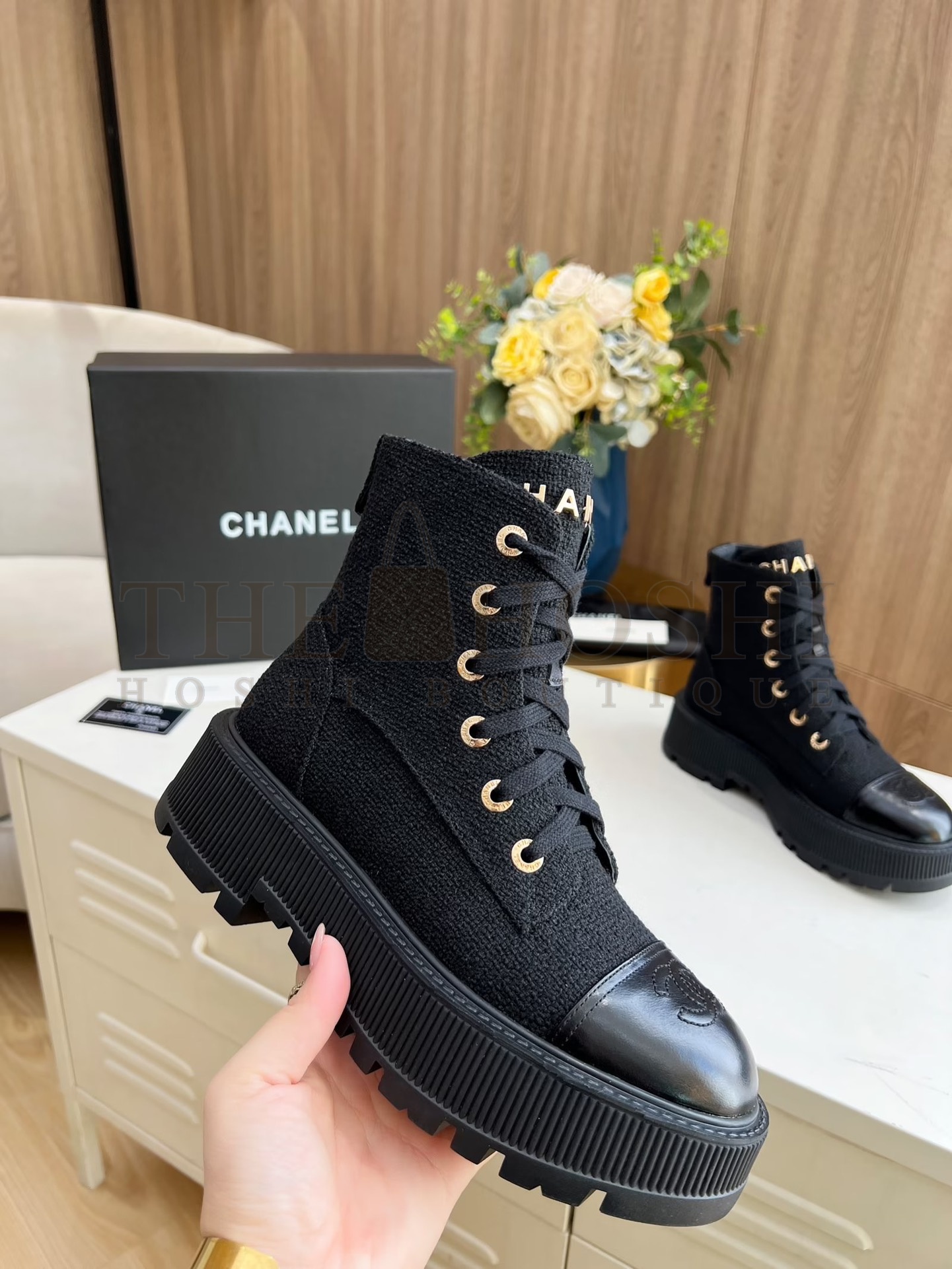 Ch**el  Shiny Lambskin Quilted Lace Up Combat Boots Master Quality