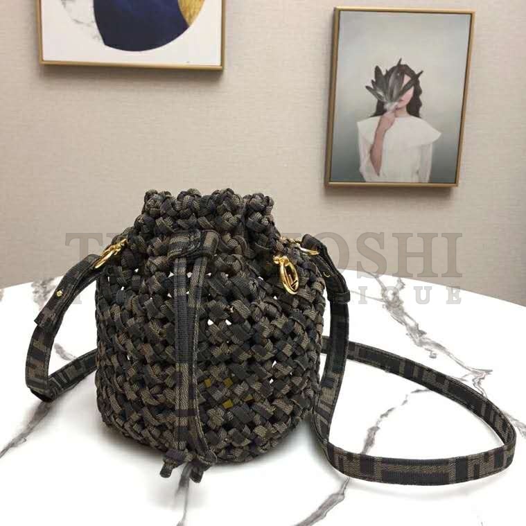 F**di Women Mon Tresor Jacquard Fabric Interlace Mini-Bag-Brown Master Quality