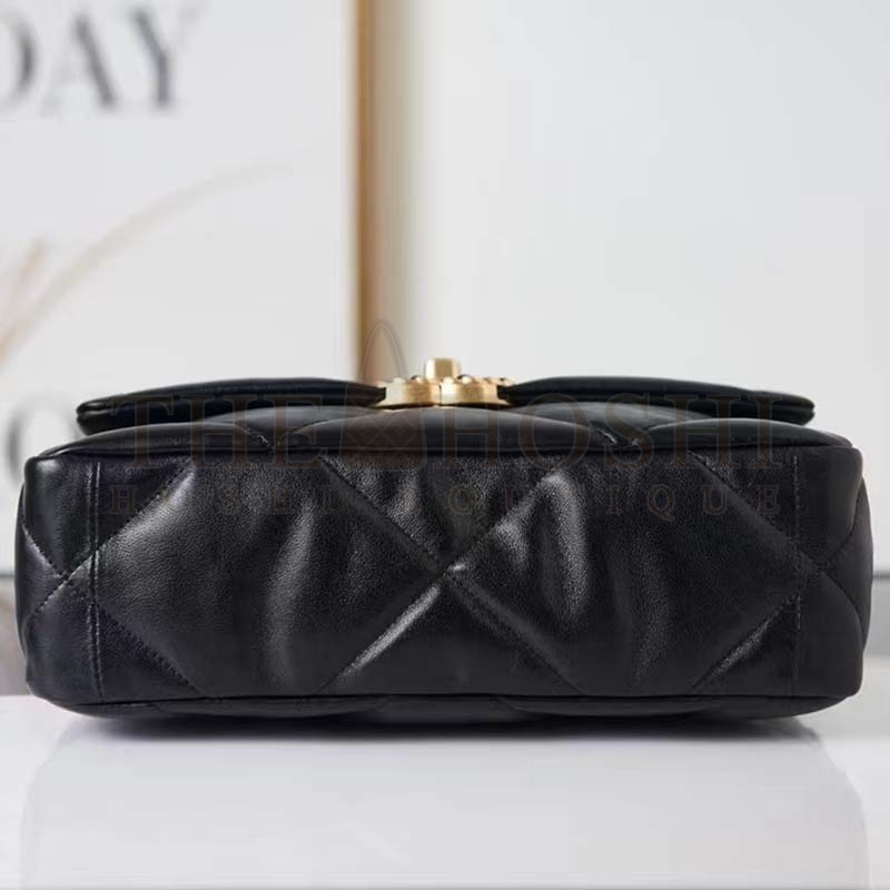 Ch**el Women 19 Large Handbag Black Lambskin Gold Silver-Tone Ruthenium-Finish Metal Master Quality