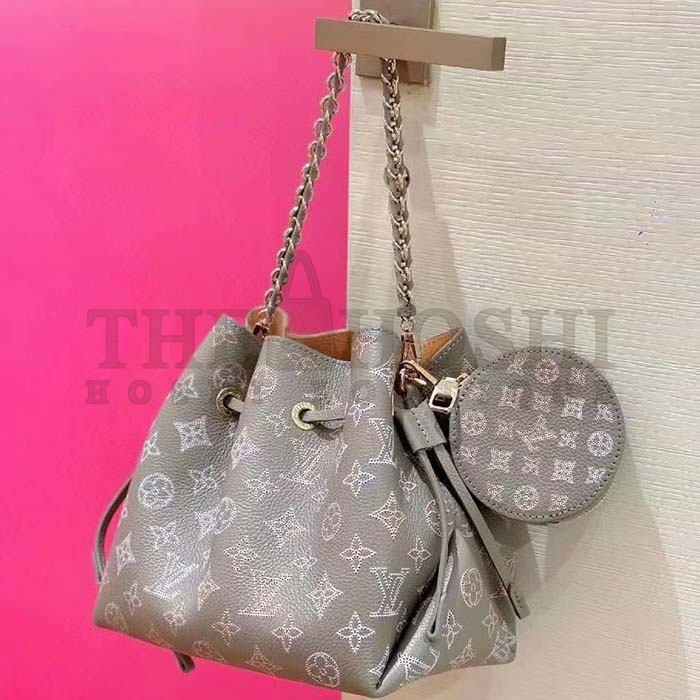 L0vis Vvtt0n LV Women Bella Bucket Bag Gray Mahina Perforated Calfskin Leather Microfiber Lining Master Quality
