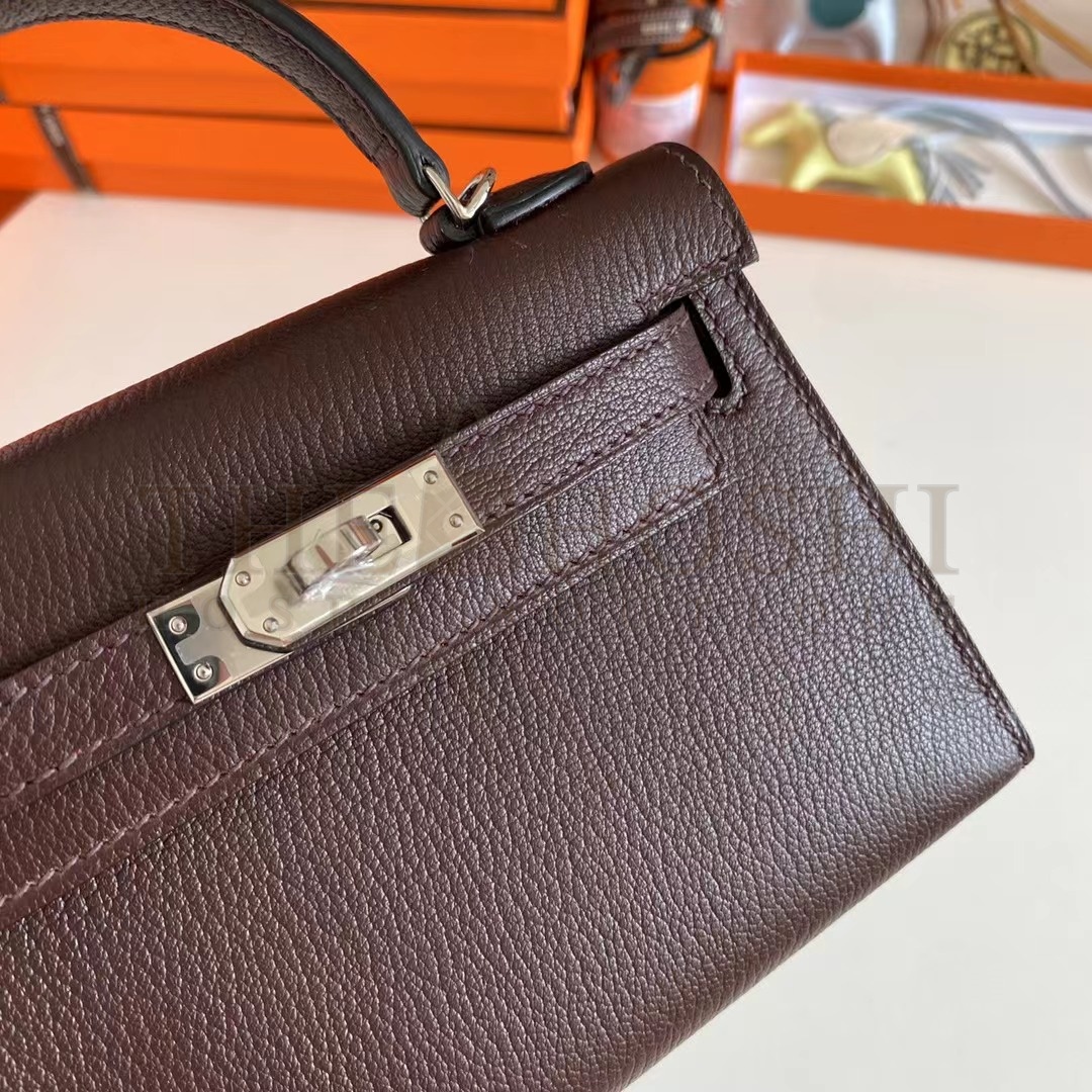 H**me5 Women Mini Kelly 20 Bag Suede Leather Silver Hardware-Chocolate Master Quality