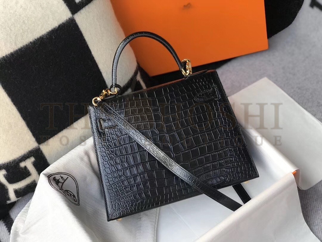 H**me5 Kelly 25cm Bag In Black Embossed Crocodile Master Quality