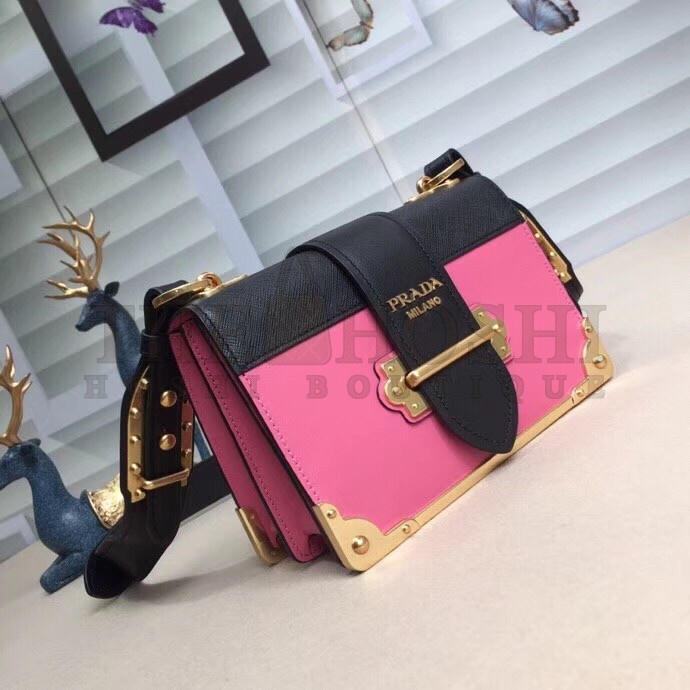 Pra*a Cahier Shoulder Bag In Pink/Black Leather Master Quality