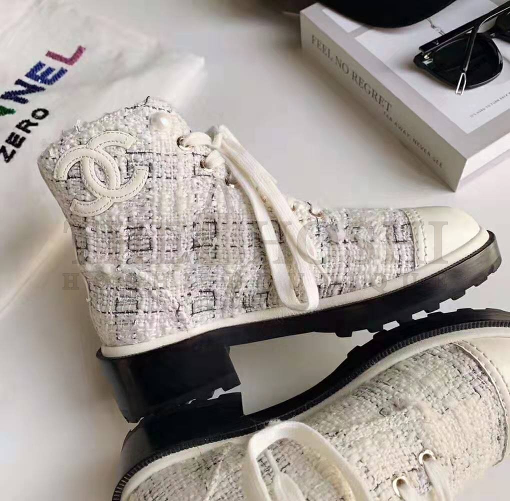 Ch**el Women Ankle Boots in Tweed & Calfskin 3.6 cm Heel-Beige Master Quality