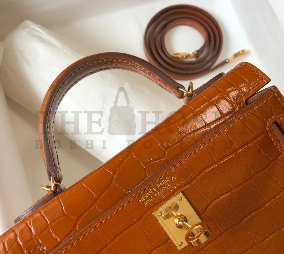 H**me5 Kelly Mini II Sellier Bag In Gold Crocodile Embossed Leather Master Quality