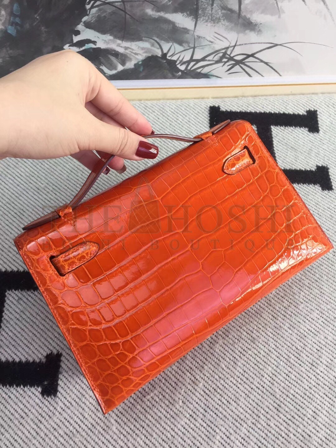 H**me5 Orange Kelly Pochette Shiny Niloticus Crocodile Bag Master Quality
