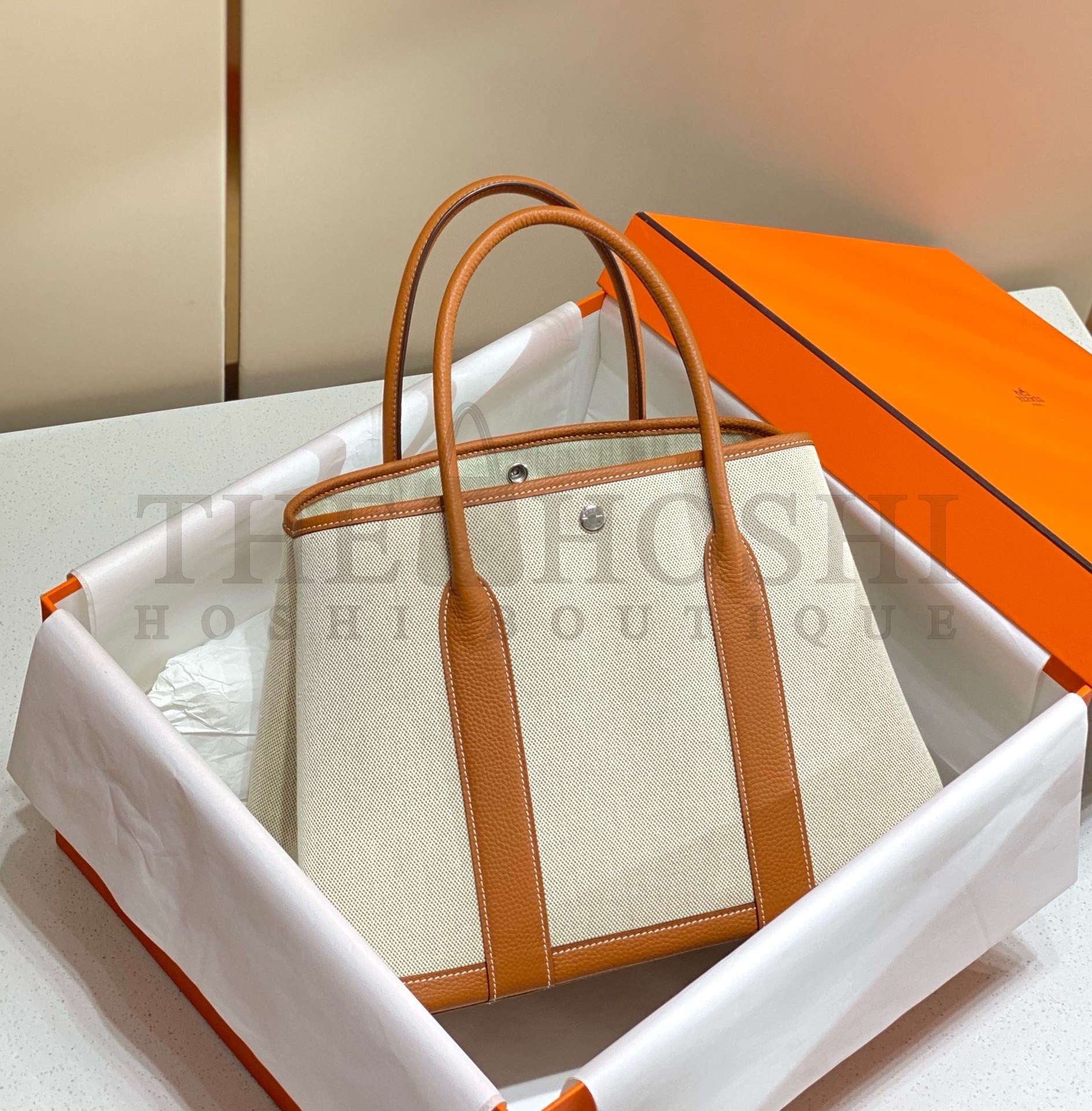 H**me5 Garden Party 36cm Bag in Toile and Gold Leather Master Quality