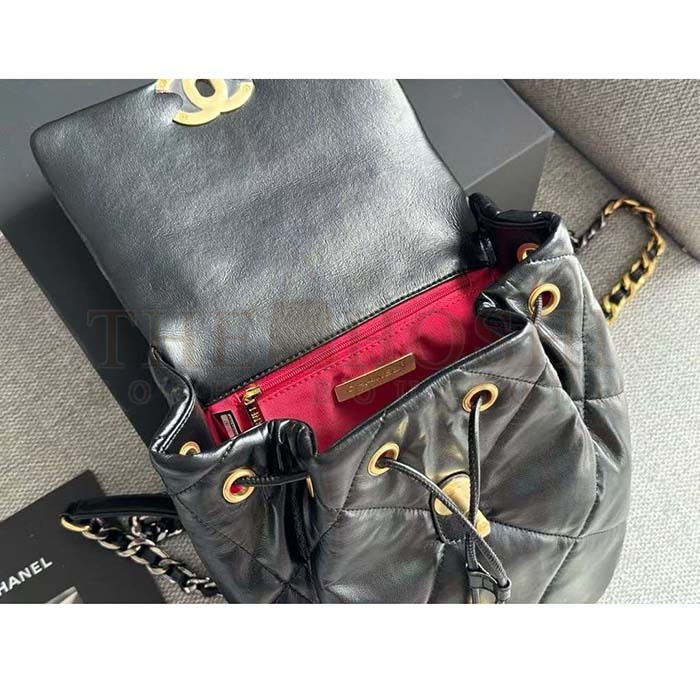 Ch**el Women CC 19 Backpack Shiny Lambskin Gold Silver-Tone Black Master Quality