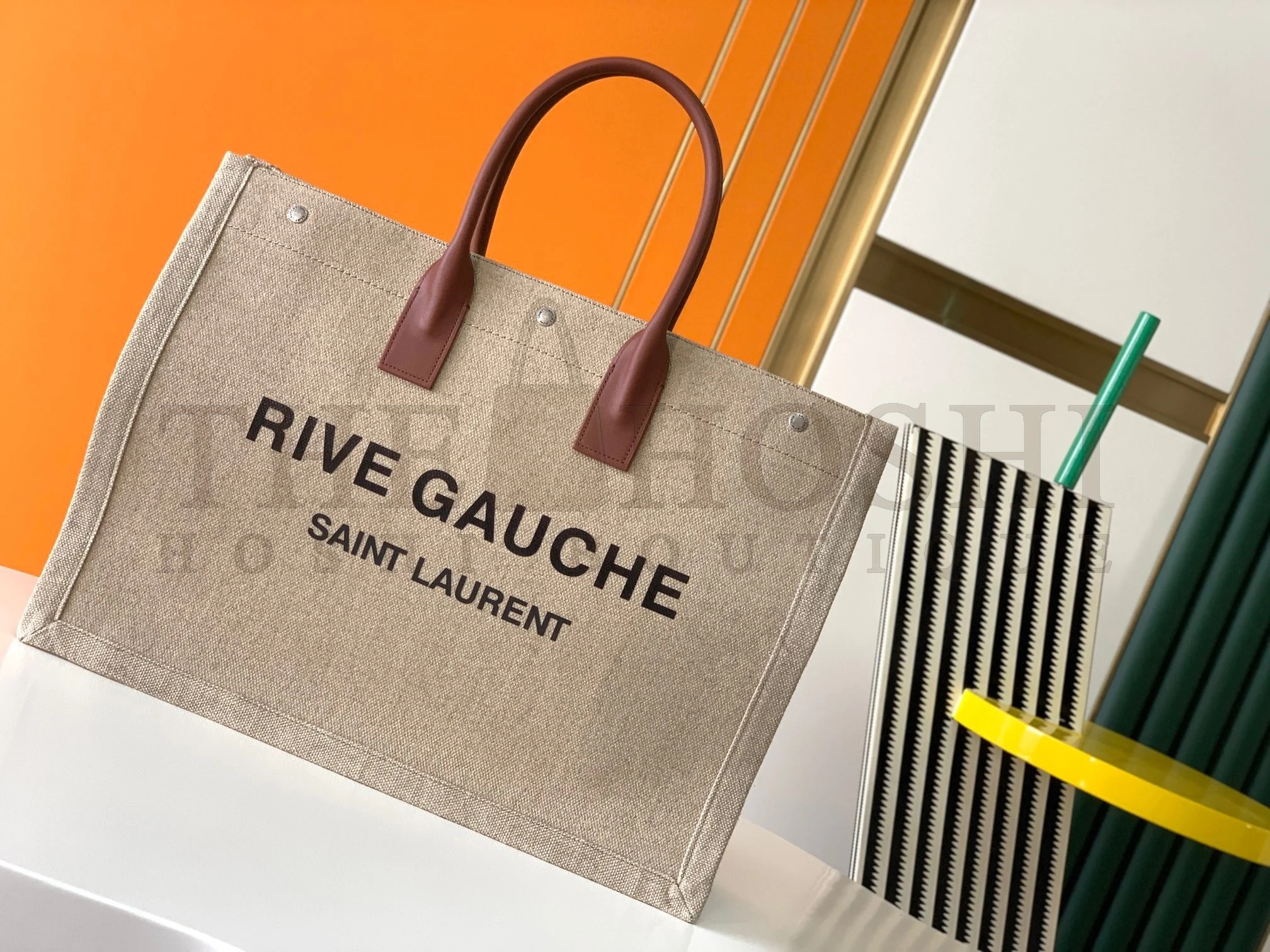 Sa1nt Lau*nt Rive Gauche Tote Bag in White Linen and Brown Leather Master Quality