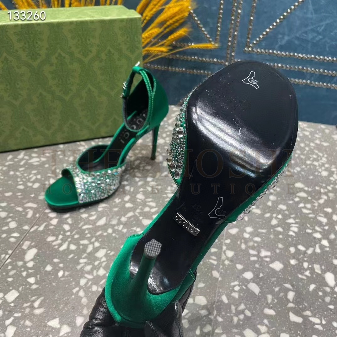 Gvc*1 Women G2 Mid-Heel Sandals Crystals Emerald Green Satin 11 CM Heel Double G Master Quality