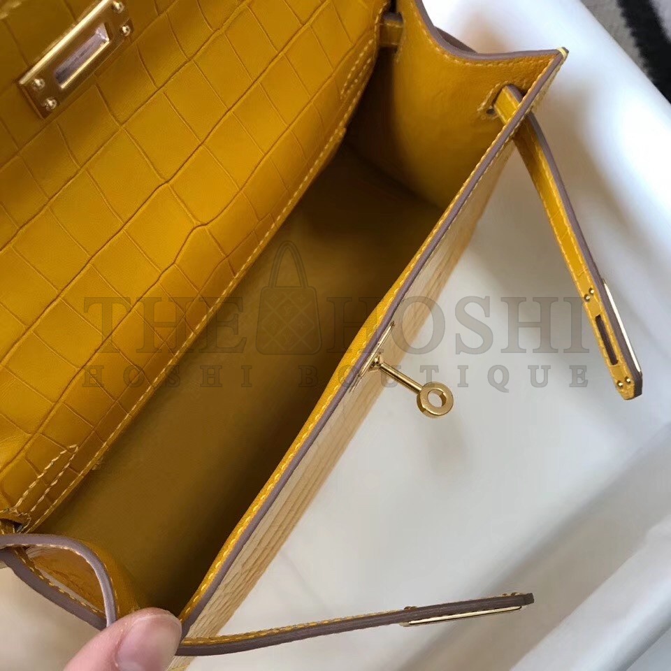 H**me5 Kelly Pochette Bag In Yellow Embossed Crocodile Leather Master Quality