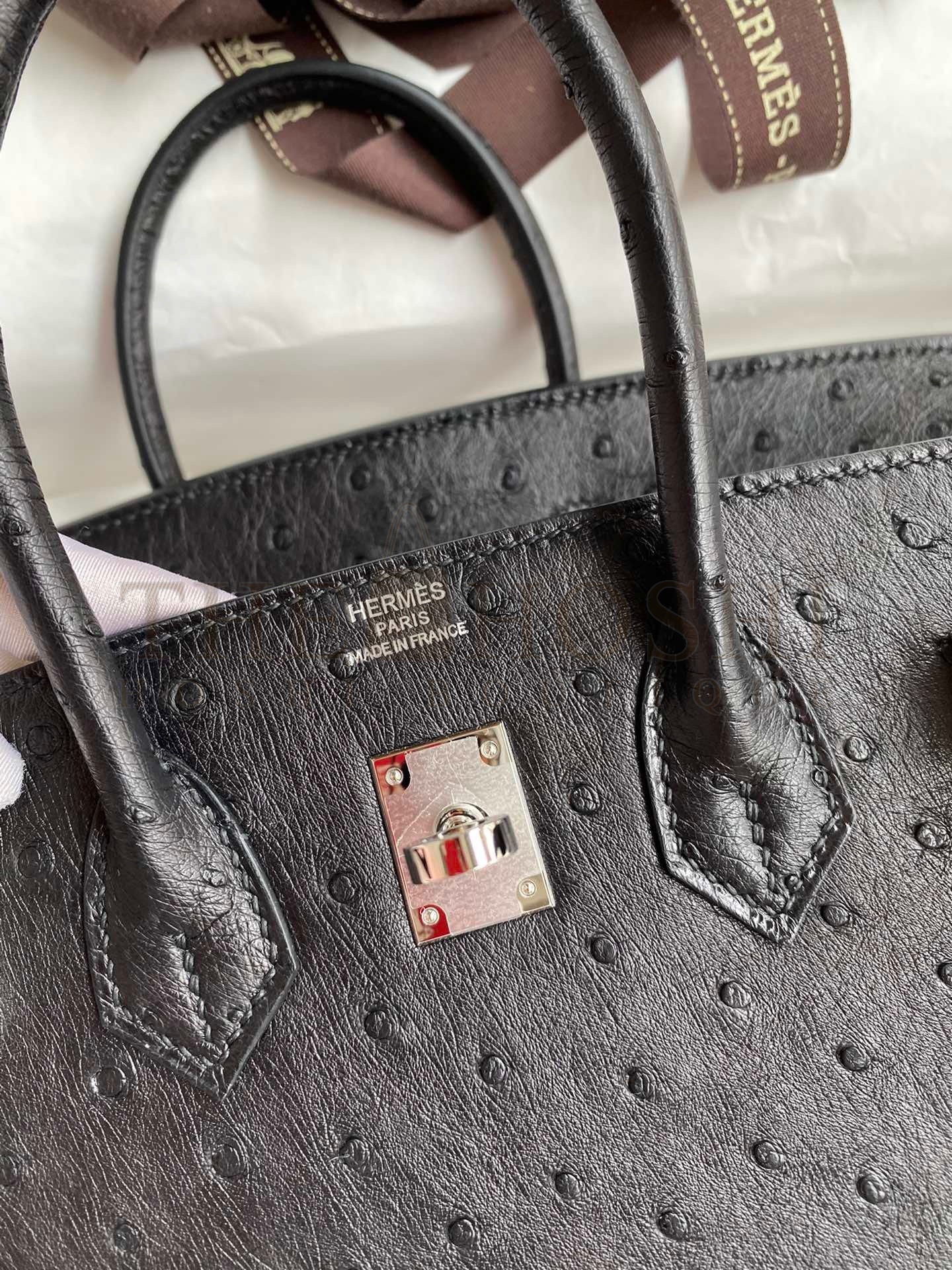 H**me5 Birkin 25 Retourne Handmade Bag In Black Ostrich Leather Master Quality