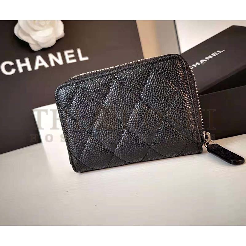 Ch**el Women Classic Zipped Coin Purse in Grained Calfskin &amp; Silver-Tone Metal-Black Master Quality
