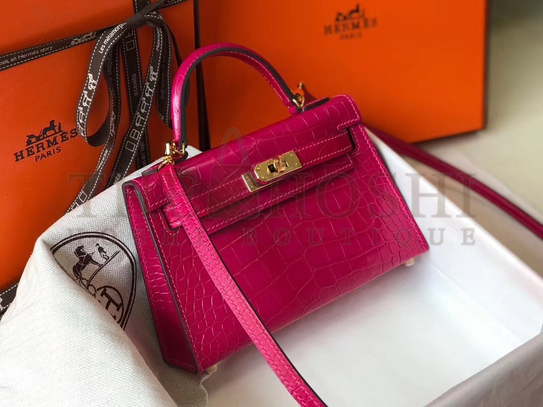 H**me5 Kelly Mini II Bag In Rose Red Crocodile Embossed Leather Master Quality