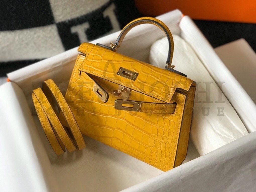 H**me5 Kelly Mini II Bag In Yellow Embossed Crocodile Calfskin Master Quality