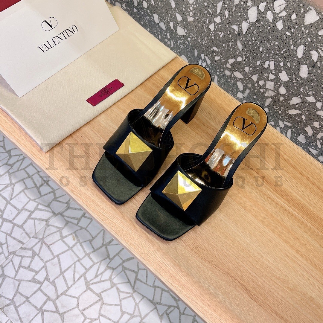 Va1e*ntin0 One Stud Slide Sandals 60mm In Black Calfskin Master Quality