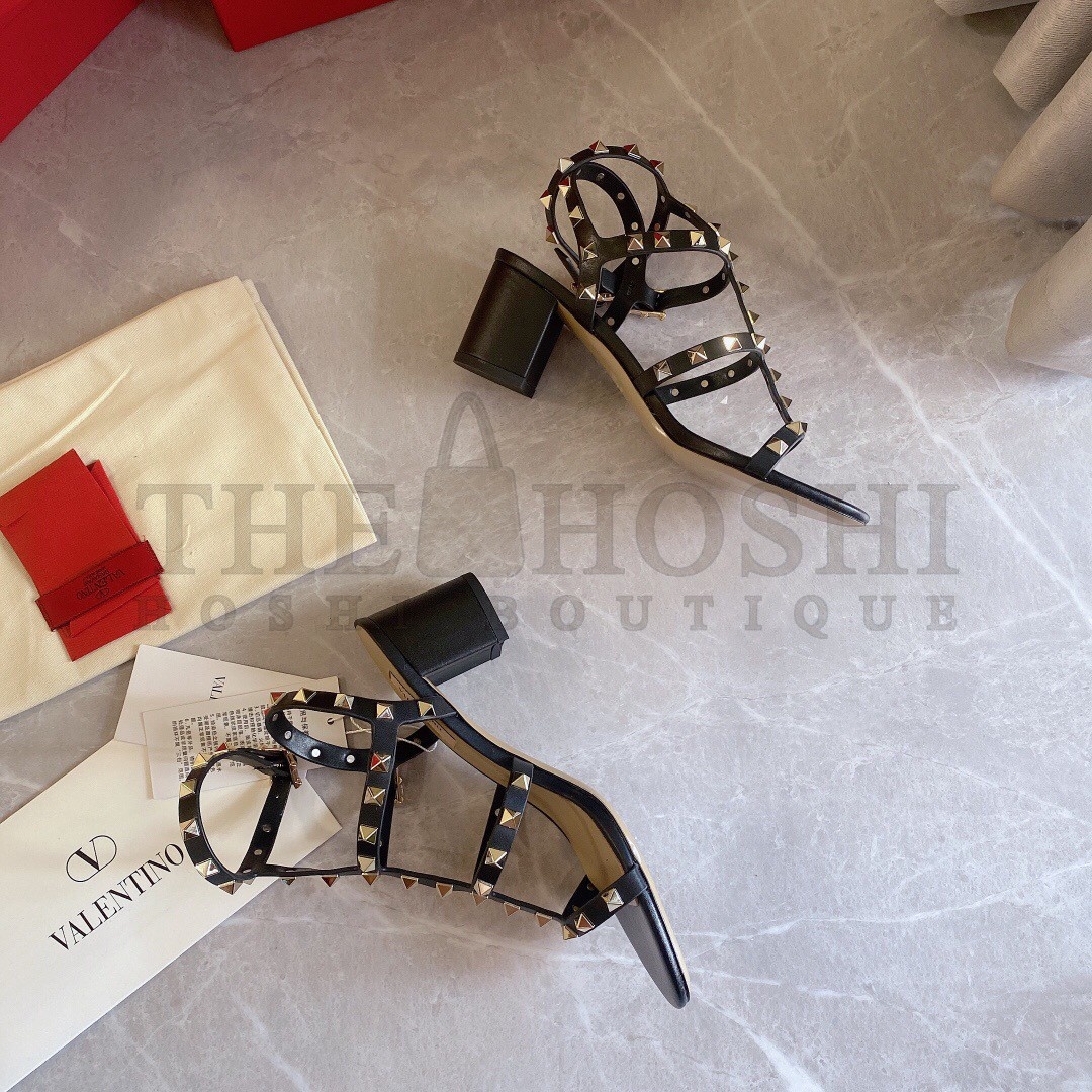 Va1e*ntin0 Rockstud Ankle Strap Sandals 60mm In Black Calfskin Master Quality