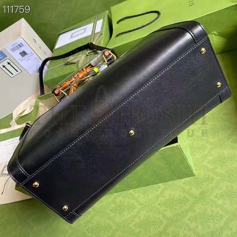 Gvc*1 Women Gvc*1 Diana Medium Tote Bag Double G Black Leather Bamboo Handles Master Quality