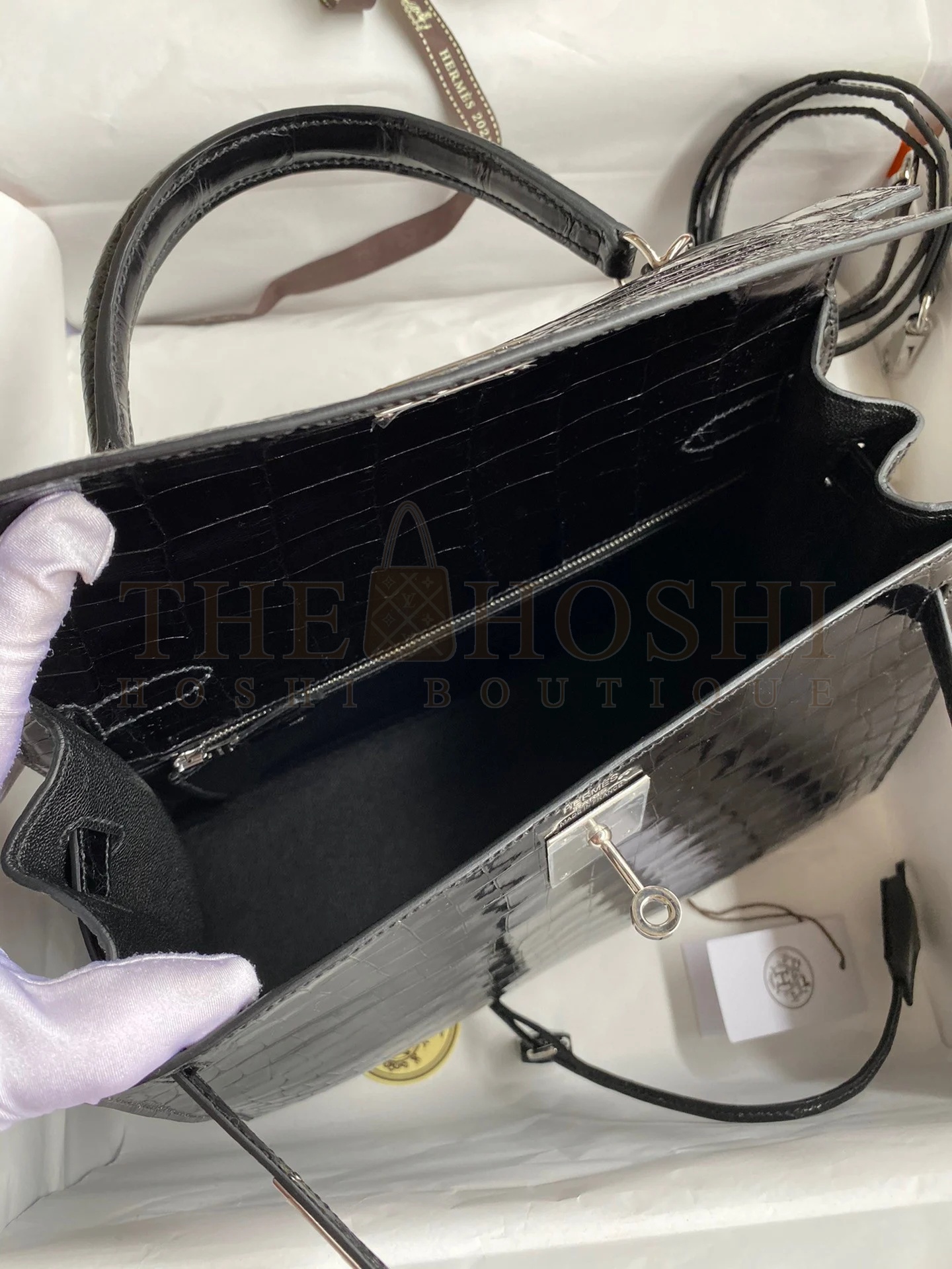 H**me5 Kelly Sellier 28 Handmade Bag In Black Crocodile Niloticus Shiny Skin Master Quality