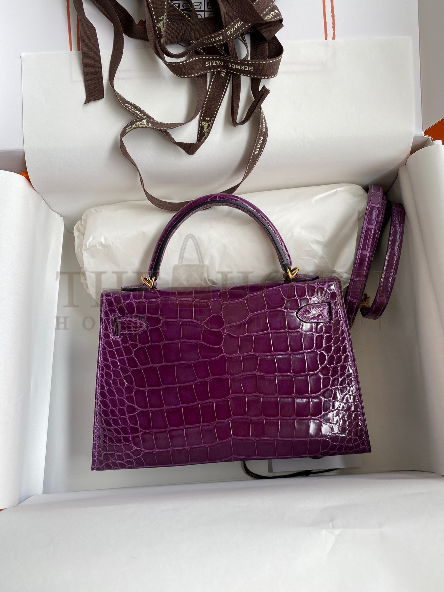 H**me5 Kelly Mini II Sellier Handmade Bag In Purple Shiny Alligator Leather Master Quality