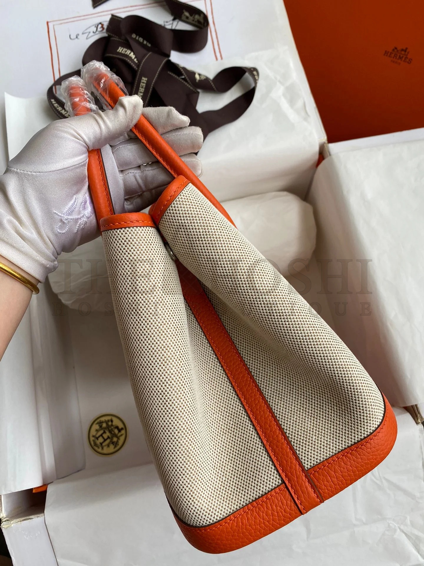 H**me5 Garden Party 30 Handmade Bag in Toile and Orange Leather Master Quality