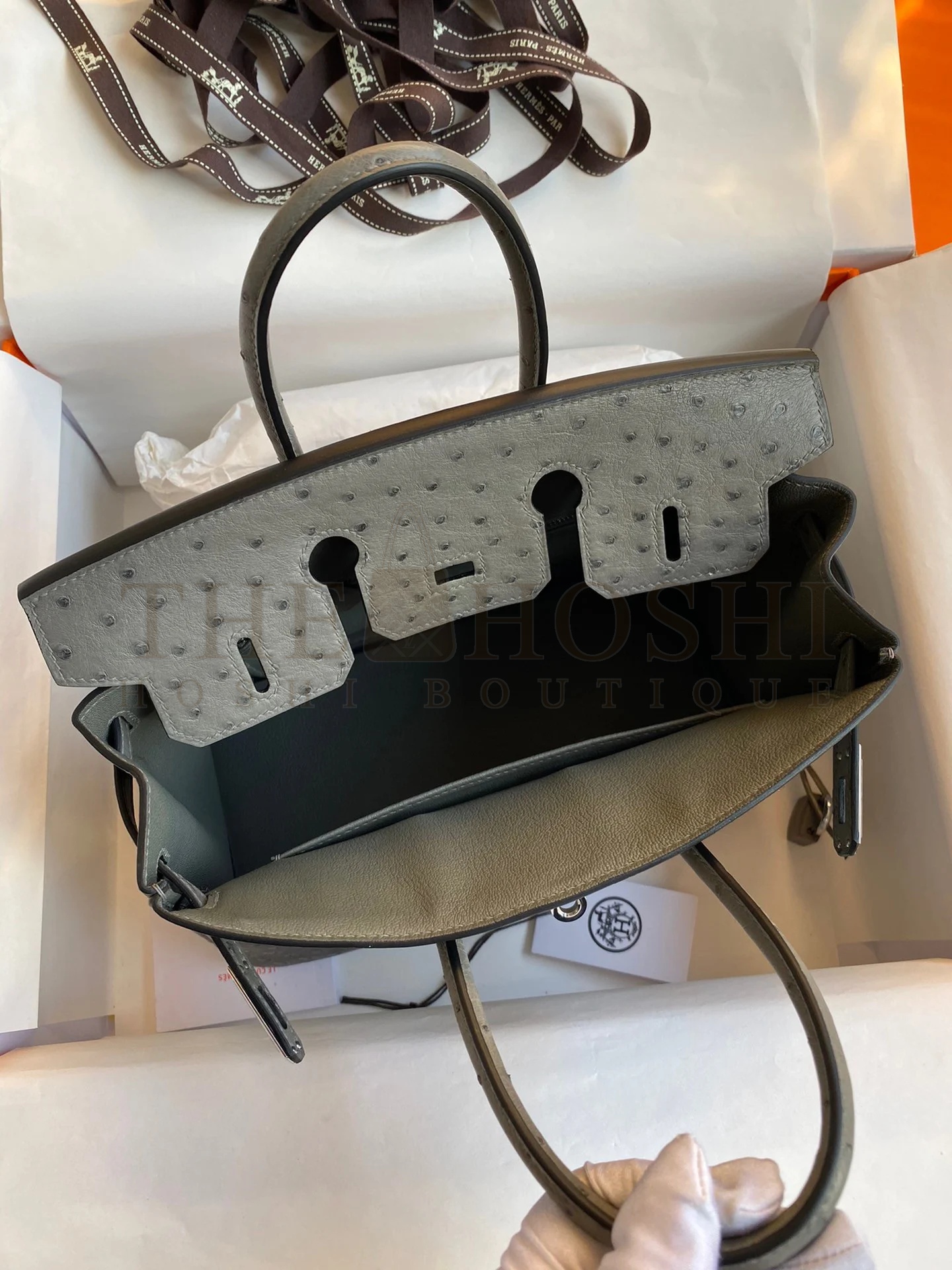 H**me5 Birkin 25 Retourne Handmade Bag In Gris Tourterelle Ostrich Leather Master Quality