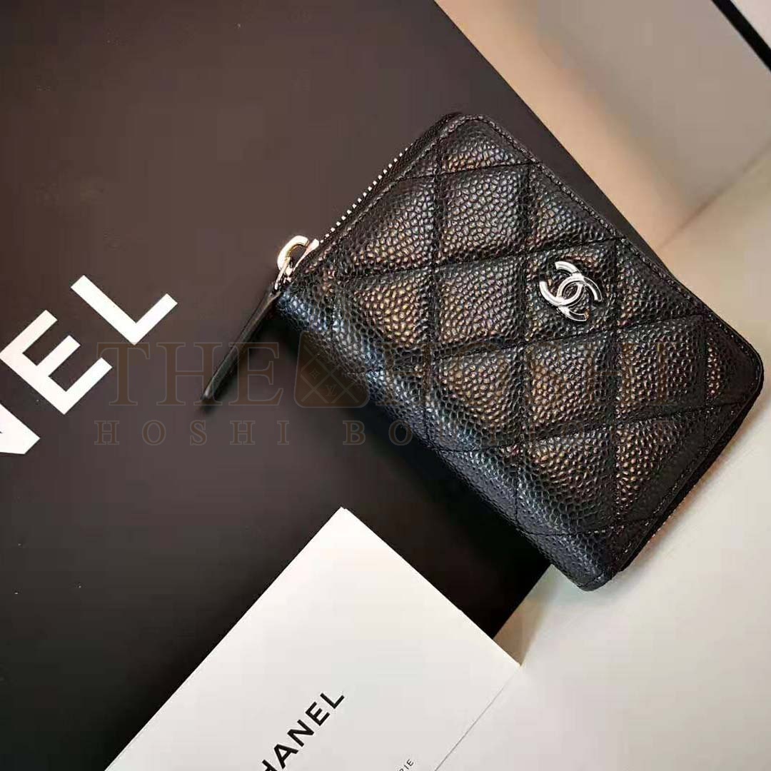 Ch**el Women Classic Zipped Coin Purse in Grained Calfskin &amp; Silver-Tone Metal-Black Master Quality