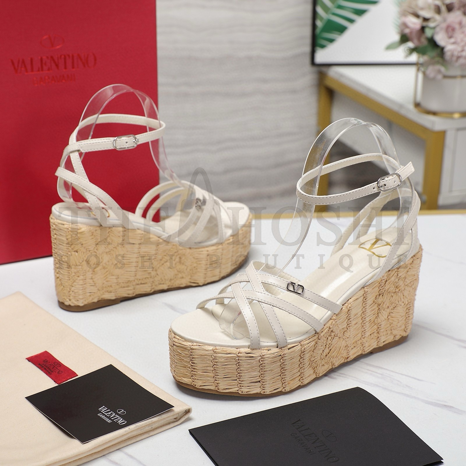 Va1e*ntin0 Raflower Wedge Sandals in White Calfskin Master Quality