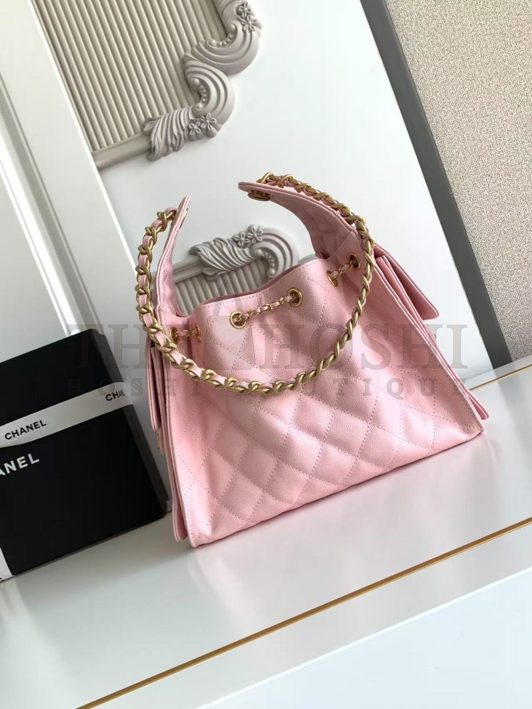Ch**el 25C AS5293 Hobo Drawstring Bag Pink Caviar Leather with Gold Chain 30x26x14cm Master Quality