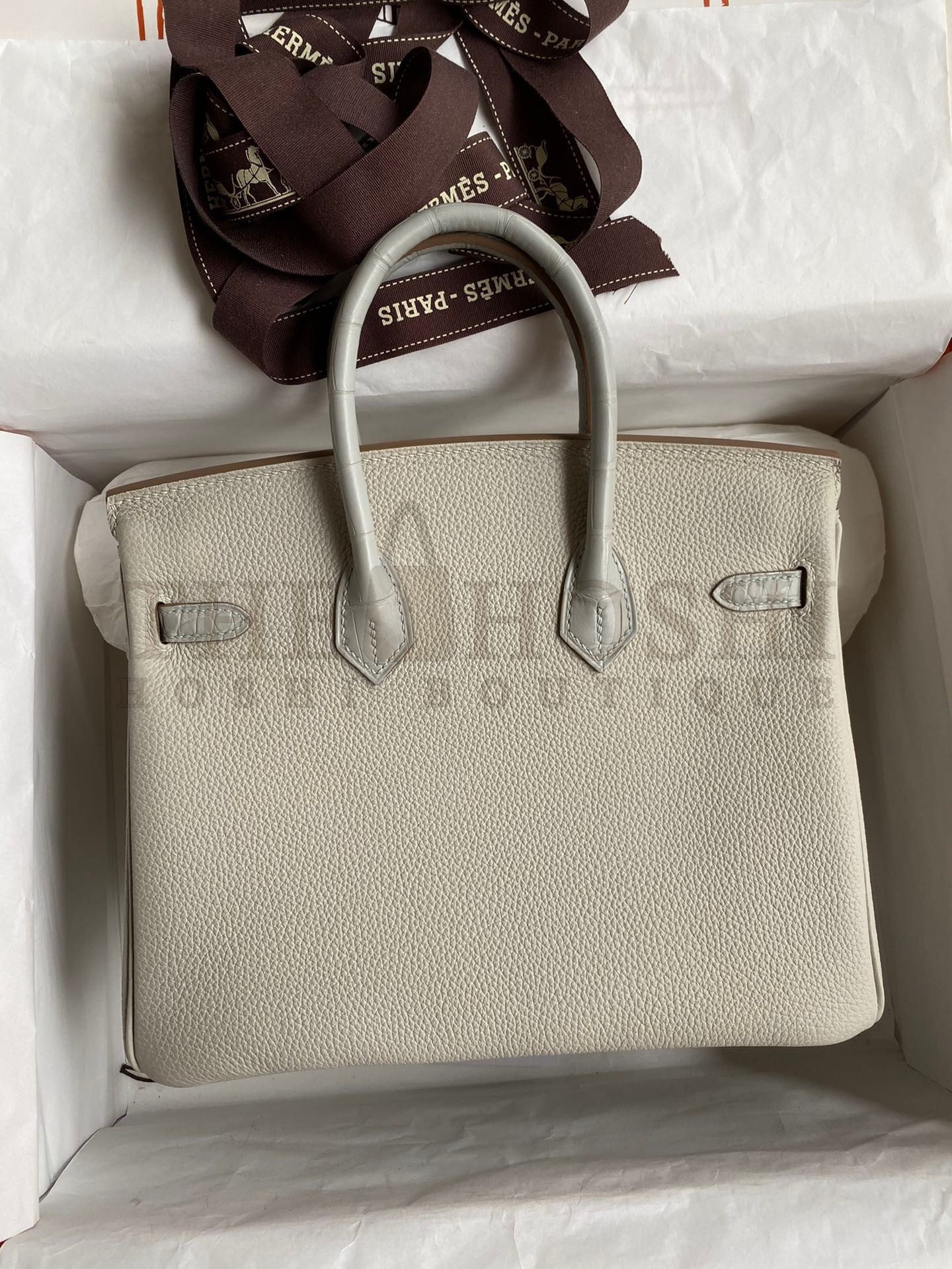 H**me5 Touch Birkin 25 Bag in Pearl Grey Togo and Matte Alligator Leather Master Quality