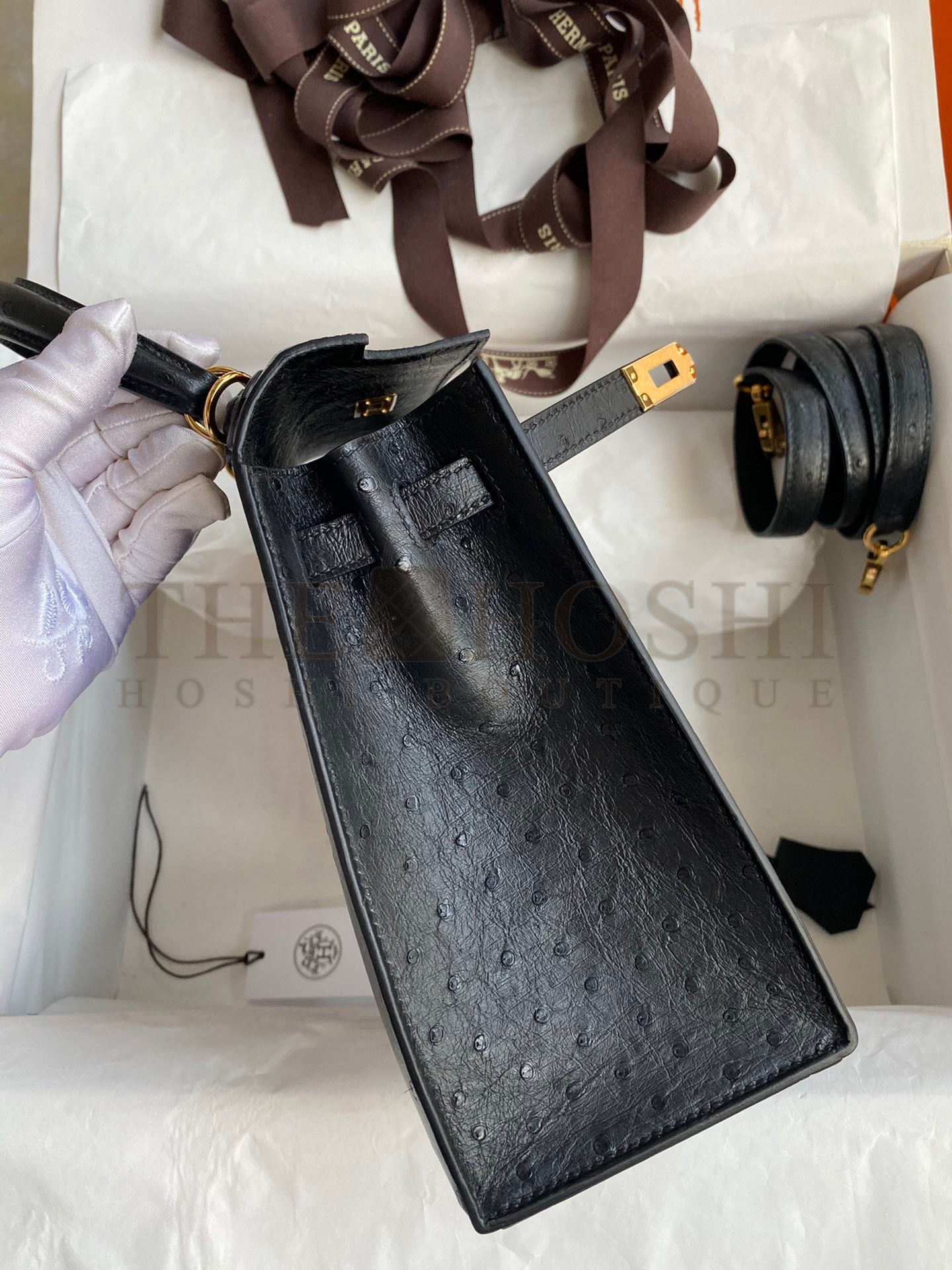 H**me5 Kelly Sellier 25 Handmade Bag In Black Ostrich Leather Master Quality